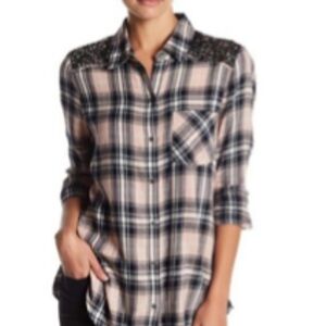 Women’s Plaid Flannel, Pink and Black with Sequence Detail Shoulders, S